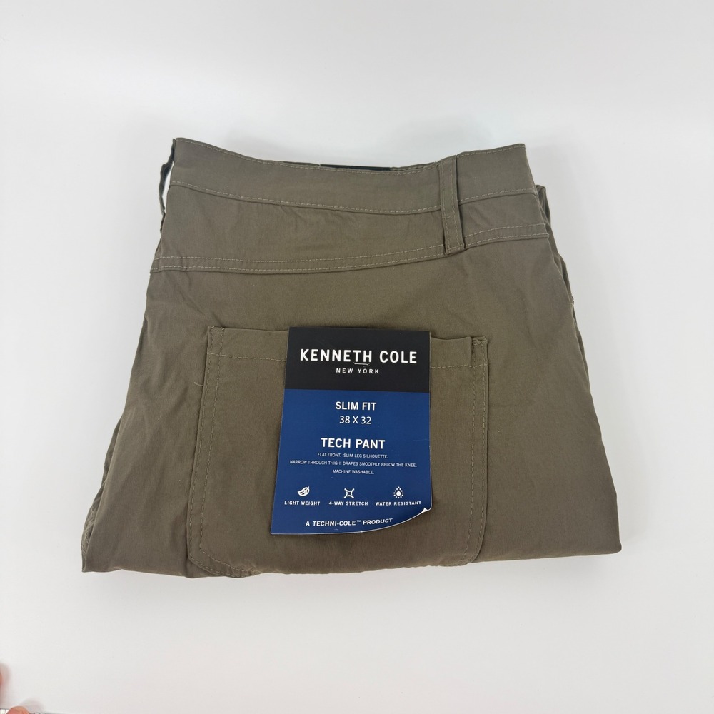 Kenneth Cole New York Mens Slim Fit Tech Pant 38x32 Olive Brown Techni-Cole‎ NEW